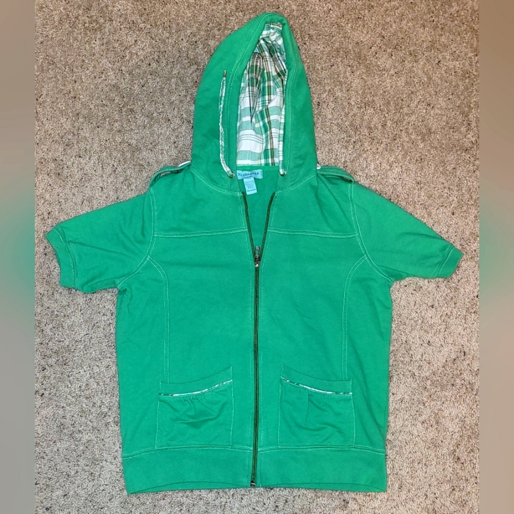 Y2K Green Short Sleeve Zip Up Hoodie Sweatshirt Size medium